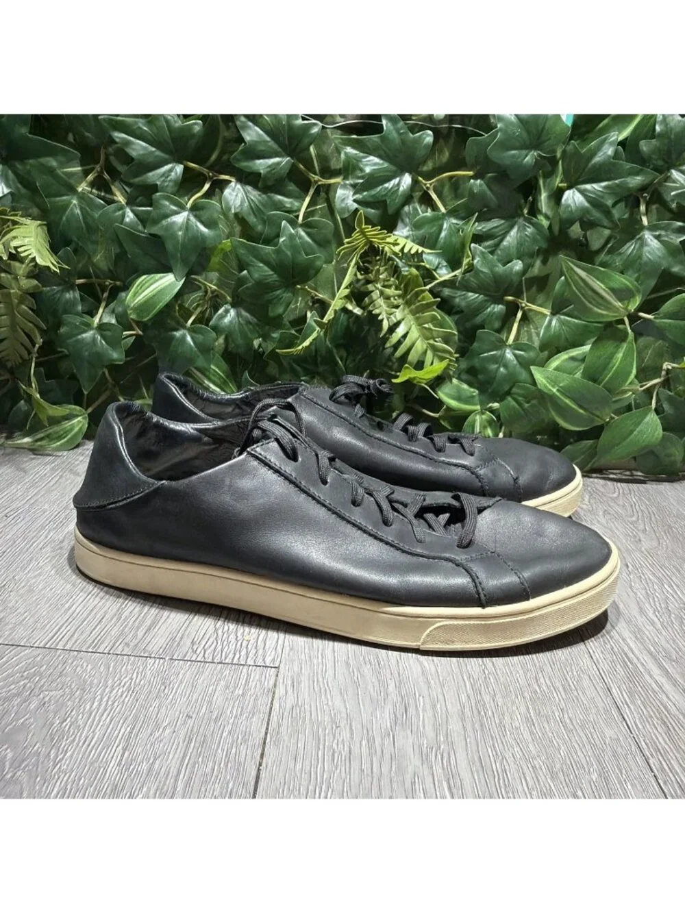 Olu Kai Men’s Leather Kahu Pahaha Black Bone Sz 11 Model 10414-4019